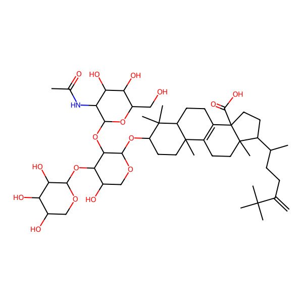 2D Structure of (3S,5R,10S,13R,14S,17R)-3-[(2S,3R,4S,5S)-3-[(2S,3R,4R,5S,6R)-3-acetamido-4,5-dihydroxy-6-(hydroxymethyl)oxan-2-yl]oxy-5-hydroxy-4-[(2S,3R,4S,5S)-3,4,5-trihydroxyoxan-2-yl]oxyoxan-2-yl]oxy-17-[(2R)-6,6-dimethyl-5-methylideneheptan-2-yl]-4,4,10,13-tetramethyl-2,3,5,6,7,11,12,15,16,17-decahydro-1H-cyclopenta[a]phenanthrene-14-carboxylic acid