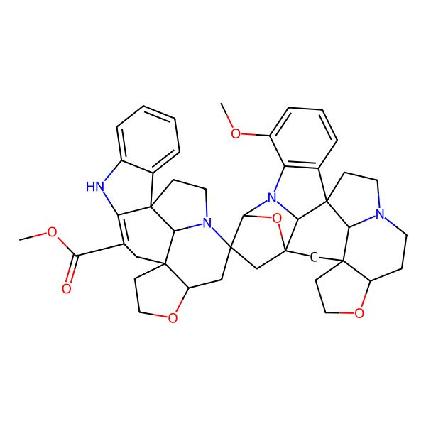 2D Structure of methyl (1'S,3'S,12R,18S,21'R,22R,24'R,26'R)-18'-methoxyspiro[15-oxa-8,19-diazahexacyclo[10.9.1.01,9.02,7.012,16.019,22]docosa-2,4,6,9-tetraene-18,22'-6,25-dioxa-10,20-diazaoctacyclo[11.10.1.11,21.13,10.03,7.014,19.020,24.013,26]hexacosa-14(19),15,17-triene]-10-carboxylate
