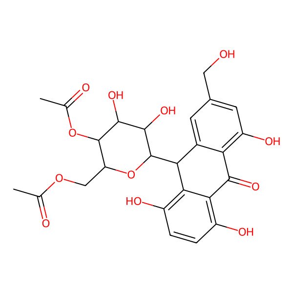 2D Structure of [(2R,3S,4R,5R,6S)-3-acetyloxy-4,5-dihydroxy-6-[(9R)-1,4,5-trihydroxy-7-(hydroxymethyl)-10-oxo-9H-anthracen-9-yl]oxan-2-yl]methyl acetate