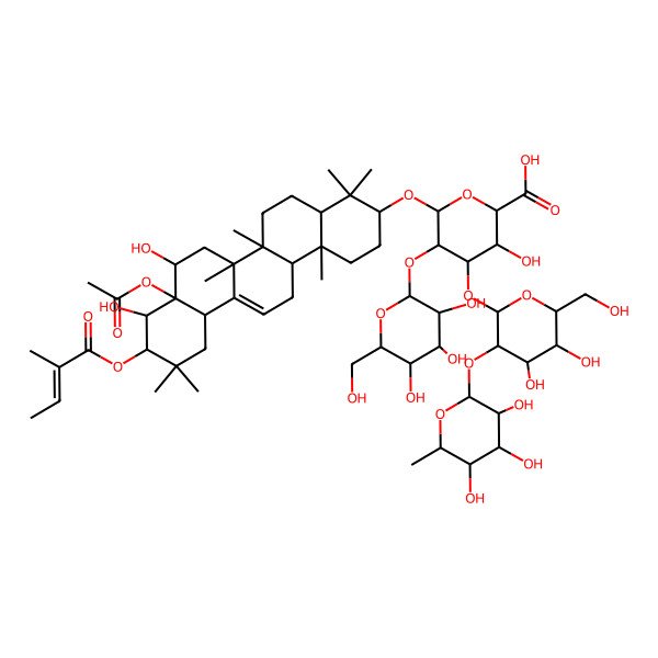 2D Structure of 6-[[8a-Acetyloxy-8,9-dihydroxy-4,4,6a,6b,11,11,14b-heptamethyl-10-(2-methylbut-2-enoyloxy)-1,2,3,4a,5,6,7,8,9,10,12,12a,14,14a-tetradecahydropicen-3-yl]oxy]-4-[4,5-dihydroxy-6-(hydroxymethyl)-3-(3,4,5-trihydroxy-6-methyloxan-2-yl)oxyoxan-2-yl]oxy-3-hydroxy-5-[3,4,5-trihydroxy-6-(hydroxymethyl)oxan-2-yl]oxyoxane-2-carboxylic acid