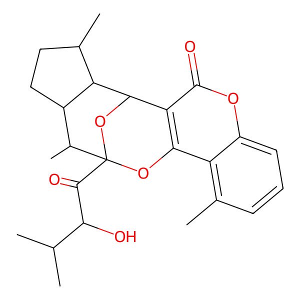 2D Structure of (1R,13S,14R,15S,18S,19R)-13-[(2S)-2-hydroxy-3-methylbutanoyl]-9,14,18-trimethyl-4,12,20-trioxapentacyclo[11.6.1.02,11.05,10.015,19]icosa-2(11),5,7,9-tetraen-3-one