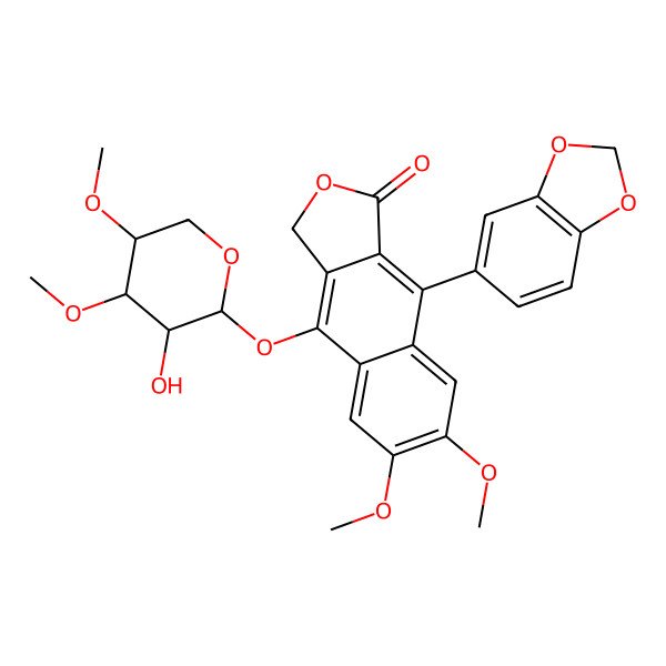 2D Structure of 9-(1,3-benzodioxol-5-yl)-4-[(3R,4R,5R)-3-hydroxy-4,5-dimethoxy-tetrahydropyran-2-yl]oxy-6,7-dimethoxy-3H-benzo[f]isobenzofuran-1-one
