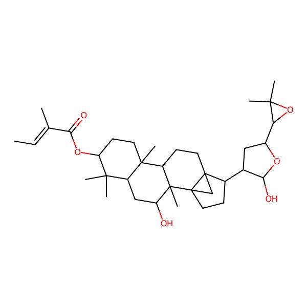 2D Structure of [15-[5-(3,3-Dimethyloxiran-2-yl)-2-hydroxyoxolan-3-yl]-3-hydroxy-2,6,6,10-tetramethyl-7-pentacyclo[12.3.1.01,14.02,11.05,10]octadecanyl] 2-methylbut-2-enoate