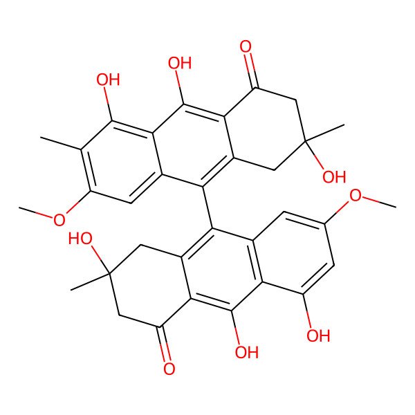 2D Structure of (3S)-3,8,9-trihydroxy-6-methoxy-3,7-dimethyl-10-[(2S)-2,5,10-trihydroxy-7-methoxy-2-methyl-4-oxo-1,3-dihydroanthracen-9-yl]-2,4-dihydroanthracen-1-one