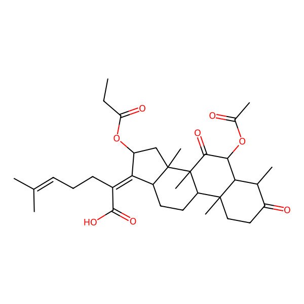 2D Structure of 2-(6-acetyloxy-4,8,10,14-tetramethyl-3,7-dioxo-16-propanoyloxy-2,4,5,6,9,11,12,13,15,16-decahydro-1H-cyclopenta[a]phenanthren-17-ylidene)-6-methylhept-5-enoic acid