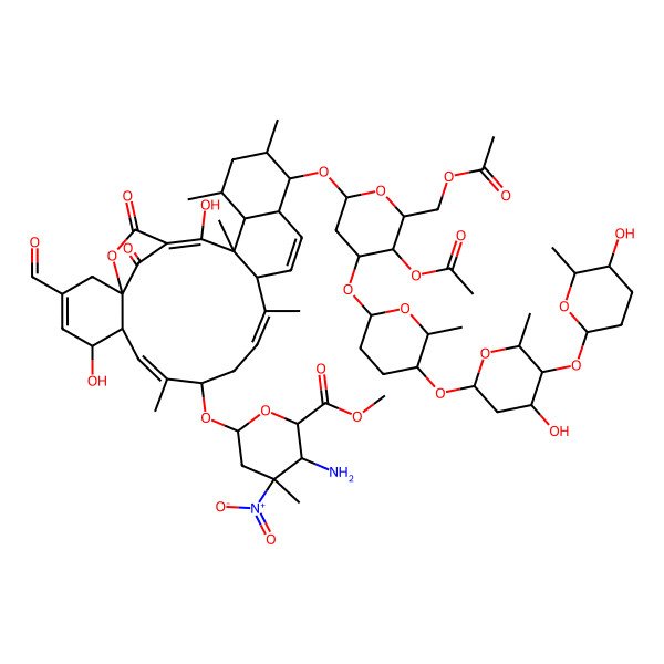 2D Structure of Methyl 6-[[17-[5-acetyloxy-6-(acetyloxymethyl)-4-[5-[4-hydroxy-5-(5-hydroxy-6-methyloxan-2-yl)oxy-6-methyloxan-2-yl]oxy-6-methyloxan-2-yl]oxyoxan-2-yl]oxy-3-formyl-5,23-dihydroxy-8,12,18,20,22-pentamethyl-25,27-dioxo-26-oxapentacyclo[22.2.1.01,6.013,22.016,21]heptacosa-3,7,11,14,23-pentaen-9-yl]oxy]-3-amino-4-methyl-4-nitrooxane-2-carboxylate