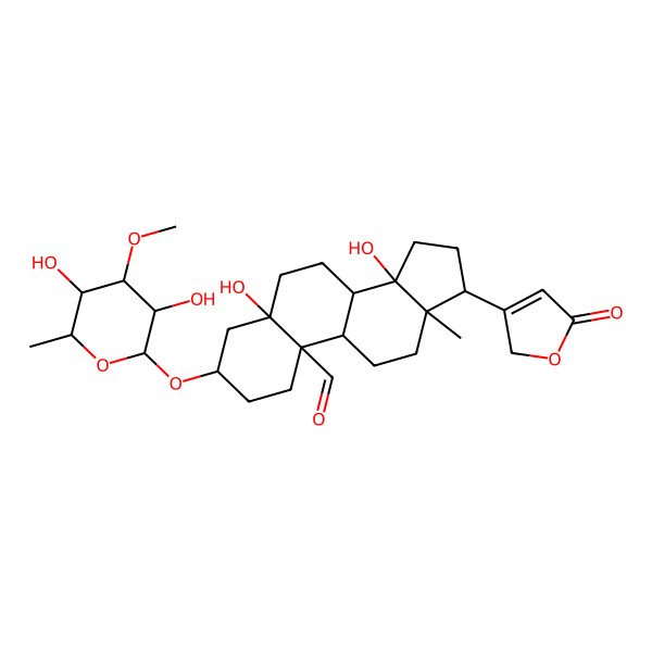 2D Structure of 3-[(3R,4S,5S,6R)-3,5-dihydroxy-4-methoxy-6-methyloxan-2-yl]oxy-5,14-dihydroxy-13-methyl-17-(5-oxo-2H-furan-3-yl)-2,3,4,6,7,8,9,11,12,15,16,17-dodecahydro-1H-cyclopenta[a]phenanthrene-10-carbaldehyde