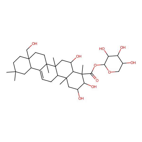 2D Structure of [(2S,3R,4S,5S)-3,4,5-trihydroxyoxan-2-yl] (2S,3R,4S,4aR,5R,6aR,6bS,8aS,12aS,14aR,14bR)-2,3,5-trihydroxy-8a-(hydroxymethyl)-4,6a,6b,11,11,14b-hexamethyl-1,2,3,4a,5,6,7,8,9,10,12,12a,14,14a-tetradecahydropicene-4-carboxylate