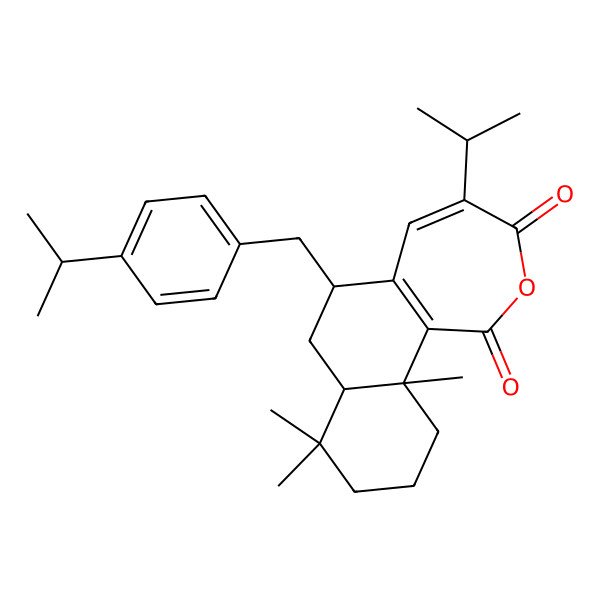 2D Structure of (6R,7aS,11aS)-8,8,11a-trimethyl-4-propan-2-yl-6-[(4-propan-2-ylphenyl)methyl]-6,7,7a,9,10,11-hexahydrobenzo[i][2]benzoxepine-1,3-dione