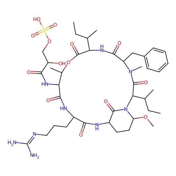 2D Structure of [3-[[5-Benzyl-2,8-di(butan-2-yl)-15-[3-(diaminomethylideneamino)propyl]-21-methoxy-4,11-dimethyl-3,6,9,13,16,22-hexaoxo-10-oxa-1,4,7,14,17-pentazabicyclo[16.3.1]docosan-12-yl]amino]-2-hydroxy-3-oxopropyl] hydrogen sulfate
