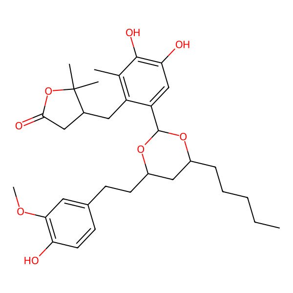2D Structure of 4-[[3,4-Dihydroxy-6-[4-[2-(4-hydroxy-3-methoxyphenyl)ethyl]-6-pentyl-1,3-dioxan-2-yl]-2-methylphenyl]methyl]-5,5-dimethyloxolan-2-one