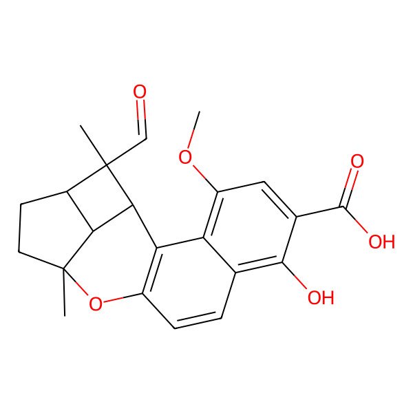 2D Structure of 17-Formyl-7-hydroxy-4-methoxy-13,17-dimethyl-12-oxapentacyclo[11.4.1.02,11.03,8.016,18]octadeca-2(11),3,5,7,9-pentaene-6-carboxylic acid