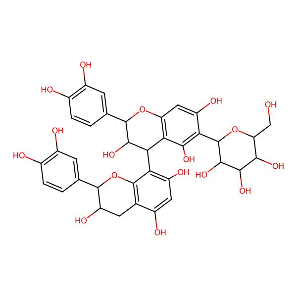 2D Structure of (2R,3R,4R)-2-(3,4-dihydroxyphenyl)-4-[(2R,3R)-2-(3,4-dihydroxyphenyl)-3,5,7-trihydroxy-3,4-dihydro-2H-chromen-8-yl]-6-[(2S,3R,4R,5S,6R)-3,4,5-trihydroxy-6-(hydroxymethyl)oxan-2-yl]-3,4-dihydro-2H-chromene-3,5,7-triol