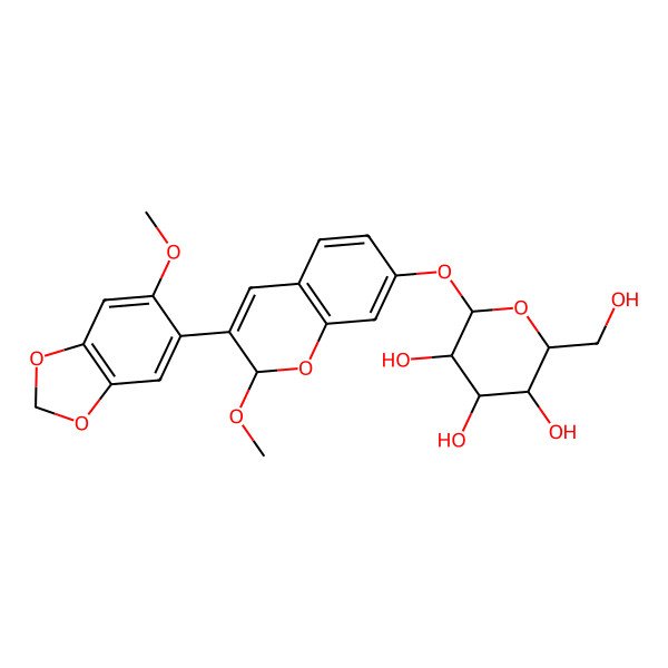 2D Structure of (2R,3S,4S,5R,6S)-2-(hydroxymethyl)-6-[[(2S)-2-methoxy-3-(6-methoxy-1,3-benzodioxol-5-yl)-2H-chromen-7-yl]oxy]oxane-3,4,5-triol