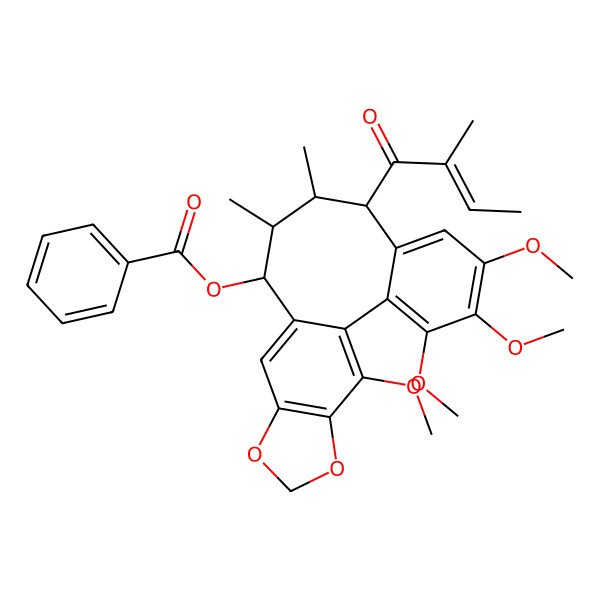 2D Structure of [(8R,9R,10R,11R)-3,4,5,19-tetramethoxy-9,10-dimethyl-8-[(E)-2-methylbut-2-enoyl]-15,17-dioxatetracyclo[10.7.0.02,7.014,18]nonadeca-1(19),2,4,6,12,14(18)-hexaen-11-yl] benzoate