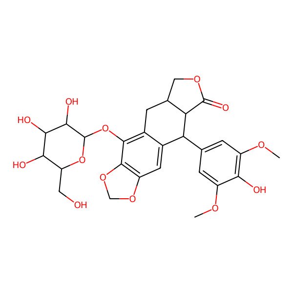 2D Structure of 9-(4-hydroxy-3,5-dimethoxyphenyl)-4-[3,4,5-trihydroxy-6-(hydroxymethyl)oxan-2-yl]oxy-5a,6,8a,9-tetrahydro-5H-[2]benzofuro[6,5-f][1,3]benzodioxol-8-one
