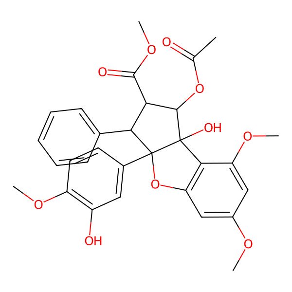 2D Structure of methyl (1R,2R,3S,3aR,8bS)-1-acetyloxy-8b-hydroxy-3a-(3-hydroxy-4-methoxyphenyl)-6,8-dimethoxy-3-phenyl-2,3-dihydro-1H-cyclopenta[b][1]benzofuran-2-carboxylate
