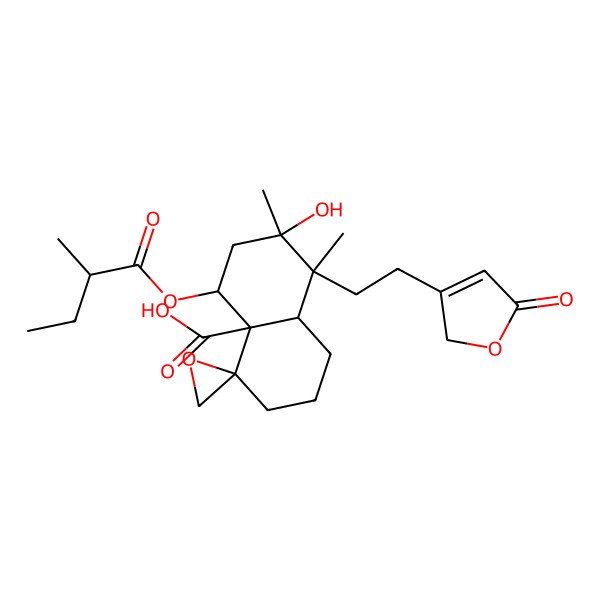 2D Structure of 7-hydroxy-7,8-dimethyl-5-(2-methylbutanoyloxy)-8-[2-(5-oxo-2H-furan-3-yl)ethyl]spiro[1,2,3,5,6,8a-hexahydronaphthalene-4,2'-oxirane]-4a-carboxylic acid