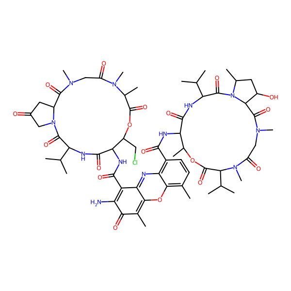 2D Structure of 2-amino-1-N-[7-(chloromethyl)-10,11,14-trimethyl-2,5,9,12,15,18-hexaoxo-3-propan-2-yl-8-oxa-1,4,11,14-tetrazabicyclo[14.3.0]nonadecan-6-yl]-9-N-[17-hydroxy-7,11,14,19-tetramethyl-2,5,9,12,15-pentaoxo-3,10-di(propan-2-yl)-8-oxa-1,4,11,14-tetrazabicyclo[14.3.0]nonadecan-6-yl]-4,6-dimethyl-3-oxophenoxazine-1,9-dicarboxamide