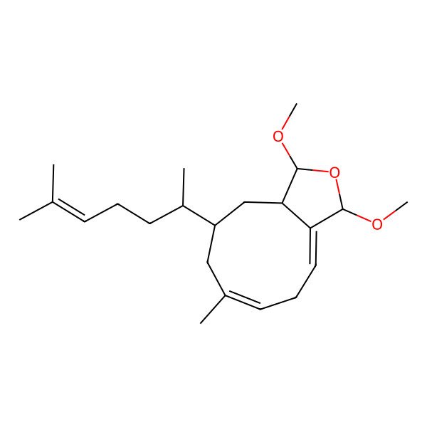 2D Structure of (1R,3R,3aE,6E,9R,10aR)-1,3-dimethoxy-7-methyl-9-[(2R)-6-methylhept-5-en-2-yl]-3,5,8,9,10,10a-hexahydro-1H-cyclonona[c]furan