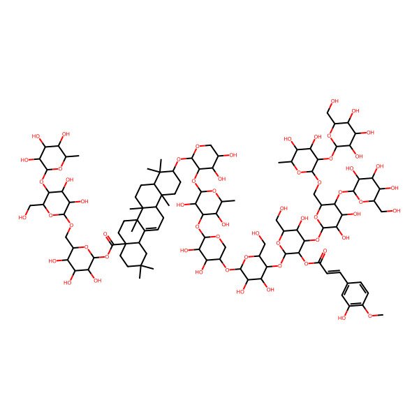 2D Structure of [(2S,3R,4S,5S,6R)-6-[[(2R,3R,4R,5S,6R)-3,4-dihydroxy-6-(hydroxymethyl)-5-[(2S,3R,4R,5R,6S)-3,4,5-trihydroxy-6-methyloxan-2-yl]oxyoxan-2-yl]oxymethyl]-3,4,5-trihydroxyoxan-2-yl] (4aS,6aR,6aS,6bR,8aR,10S,12aR,14bS)-10-[(2S,3R,4S,5S)-3-[(2S,3R,4R,5S,6S)-4-[(2S,3R,4S,5R)-5-[(2R,3R,4R,5S,6R)-5-[(2S,3R,4S,5R,6R)-4-[(2S,3R,4R,5S,6R)-6-[[(2R,3R,4R,5R,6S)-4,5-dihydroxy-6-methyl-3-[(2S,3R,4S,5S,6R)-3,4,5-trihydroxy-6-(hydroxymethyl)oxan-2-yl]oxyoxan-2-yl]oxymethyl]-3,4-dihydroxy-5-[(2S,3R,4S,5S,6R)-3,4,5-trihydroxy-6-(hydroxymethyl)oxan-2-yl]oxyoxan-2-yl]oxy-5-hydroxy-3-[(E)-3-(3-hydroxy-4-methoxyphenyl)prop-2-enoyl]oxy-6-(hydroxymethyl)oxan-2-yl]oxy-3,4-dihydroxy-6-(hydroxymethyl)oxan-2-yl]oxy-3,4-dihydroxyoxan-2-yl]oxy-3,5-dihydroxy-6-methyloxan-2-yl]oxy-4,5-dihydroxyoxan-2-yl]oxy-2,2,6a,6b,9,9,12a-heptamethyl-1,3,4,5,6,6a,7,8,8a,10,11,12,13,14b-tetradecahydropicene-4a-carboxylate