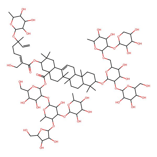 2D Structure of [(2S,3R,4S,5R,6R)-3-[(2S,3R,4S,5S,6S)-5-[(2S,3R,4R,5S)-3,4-dihydroxy-5-(hydroxymethyl)oxolan-2-yl]oxy-3-hydroxy-6-methyl-4-[(2S,3R,4S,5S,6R)-3,4,5-trihydroxy-6-methyloxan-2-yl]oxyoxan-2-yl]oxy-4,5-dihydroxy-6-(hydroxymethyl)oxan-2-yl] (3S,4aR,6aR,6aS,6bR,8aR,10S,12aR,14bS)-10-[(2R,3R,4S,5R,6R)-6-[[(2R,3R,4S,5R,6R)-4,5-dihydroxy-6-methyl-3-[(2S,3R,4S,5R)-3,4,5-trihydroxyoxan-2-yl]oxyoxan-2-yl]oxymethyl]-4,5-dihydroxy-3-[(2S,3R,4S,5R,6R)-3,4,5-trihydroxy-6-(hydroxymethyl)oxan-2-yl]oxyoxan-2-yl]oxy-3-[(2E,6S)-2-(hydroxymethyl)-6-methyl-6-[(2S,3R,4S,5S,6R)-3,4,5-trihydroxy-6-methyloxan-2-yl]oxyocta-2,7-dienoyl]oxy-2,2,6a,6b,9,9,12a-heptamethyl-1,3,4,5,6,6a,7,8,8a,10,11,12,13,14b-tetradecahydropicene-4a-carboxylate