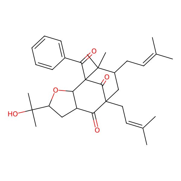 2D Structure of (1R,2S,4R,6R,8S,10R)-1-benzoyl-4-(2-hydroxypropan-2-yl)-11,11-dimethyl-8,10-bis(3-methylbut-2-enyl)-3-oxatricyclo[6.3.1.02,6]dodecane-7,12-dione