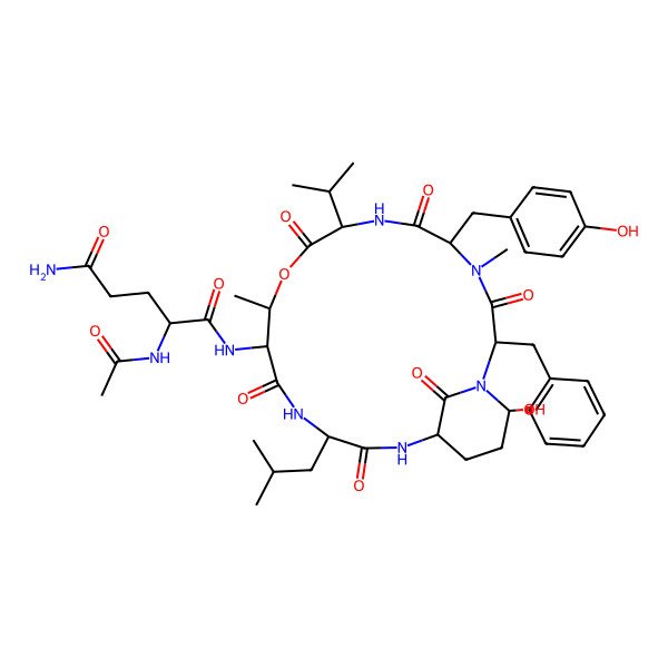 2D Structure of (2S)-2-acetamido-N-[(2R,5S,8S,11S,12S,15S,18S,21R)-2-benzyl-21-hydroxy-5-[(4-hydroxyphenyl)methyl]-4,11-dimethyl-15-(2-methylpropyl)-3,6,9,13,16,22-hexaoxo-8-propan-2-yl-10-oxa-1,4,7,14,17-pentazabicyclo[16.3.1]docosan-12-yl]pentanediamide