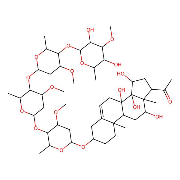 2D Structure of 1-[(3S,8S,9R,10R,12R,13S,14S,15R,17R)-3-[(2R,4S,5R,6R)-5-[(2S,4S,5R,6R)-5-[(2S,4R,5R,6R)-5-[(2S,3R,4S,5R,6R)-3,5-dihydroxy-4-methoxy-6-methyloxan-2-yl]oxy-4-methoxy-6-methyloxan-2-yl]oxy-4-methoxy-6-methyloxan-2-yl]oxy-4-methoxy-6-methyloxan-2-yl]oxy-8,12,14,15-tetrahydroxy-10,13-dimethyl-2,3,4,7,9,11,12,15,16,17-decahydro-1H-cyclopenta[a]phenanthren-17-yl]ethanone