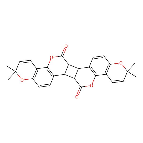 2D Structure of 8,8,22,22-Tetramethyl-7,13,21,27-tetraoxaheptacyclo[14.12.0.02,15.03,12.06,11.017,26.020,25]octacosa-3(12),4,6(11),9,17(26),18,20(25),23-octaene-14,28-dione