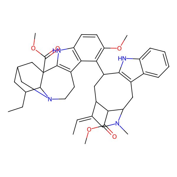 2D Structure of methyl (1S,15R,17S,18S)-17-ethyl-8-[(1S,12R,14R,15E,18S)-15-ethylidene-18-methoxycarbonyl-17-methyl-10,17-diazatetracyclo[12.3.1.03,11.04,9]octadeca-3(11),4,6,8-tetraen-12-yl]-7-methoxy-3,13-diazapentacyclo[13.3.1.02,10.04,9.013,18]nonadeca-2(10),4(9),5,7-tetraene-1-carboxylate