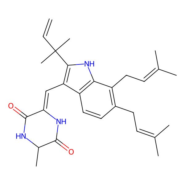 2D Structure of 3-methyl-6-[[2-(2-methylbut-3-en-2-yl)-6,7-bis(3-methylbut-2-enyl)-1H-indol-3-yl]methylidene]piperazine-2,5-dione