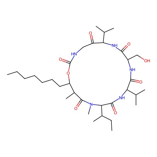 2D Structure of 15-Butan-2-yl-19-heptyl-9-(hydroxymethyl)-16,18-dimethyl-6,12-di(propan-2-yl)-1-oxa-3,7,10,13,16-pentazacyclononadecane-2,5,8,11,14,17-hexone