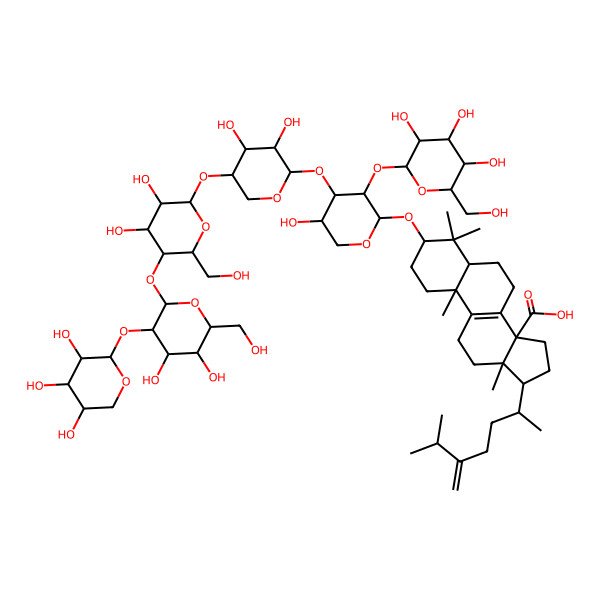 2D Structure of (3S,5S,10S,13R,14S,17R)-3-[(2S,3R,4S,5S)-4-[(2S,3R,4R,5S)-5-[(3R,4R,5R,6R)-5-[(2S,3R,4S,5S,6R)-4,5-dihydroxy-6-(hydroxymethyl)-3-[(2S,3R,4S,5R)-3,4,5-trihydroxyoxan-2-yl]oxyoxan-2-yl]oxy-3,4-dihydroxy-6-(hydroxymethyl)oxan-2-yl]oxy-3,4-dihydroxyoxan-2-yl]oxy-5-hydroxy-3-[(2S,3R,4S,5S,6R)-3,4,5-trihydroxy-6-(hydroxymethyl)oxan-2-yl]oxyoxan-2-yl]oxy-4,4,10,13-tetramethyl-17-[(2R)-6-methyl-5-methylideneheptan-2-yl]-2,3,5,6,7,11,12,15,16,17-decahydro-1H-cyclopenta[a]phenanthrene-14-carboxylic acid