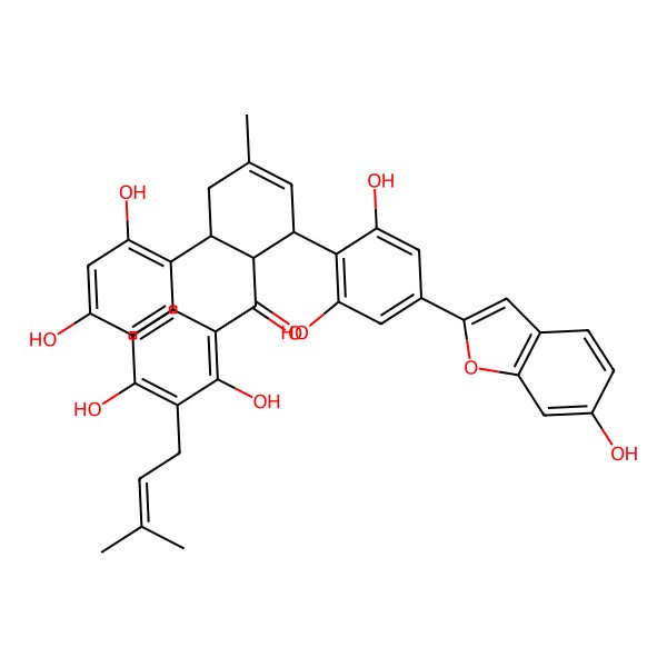 2D Structure of [(1R,2S,6S)-2-[2,6-dihydroxy-4-(6-hydroxy-1-benzofuran-2-yl)phenyl]-6-(2,4-dihydroxyphenyl)-4-methylcyclohex-3-en-1-yl]-[2,4-dihydroxy-3-(3-methylbut-2-enyl)phenyl]methanone