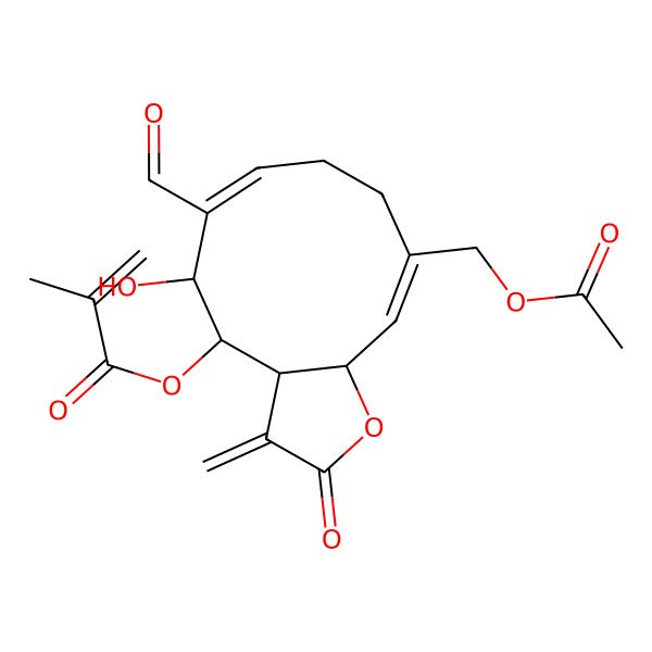 2D Structure of [(3aS,4S,5S,6E,10Z,11aR)-10-(acetyloxymethyl)-6-formyl-5-hydroxy-3-methylidene-2-oxo-3a,4,5,8,9,11a-hexahydrocyclodeca[b]furan-4-yl] 2-methylprop-2-enoate