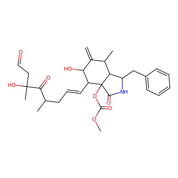 2D Structure of [1-Benzyl-5-hydroxy-4-(6-hydroxy-4,6-dimethyl-5,8-dioxooct-1-enyl)-7-methyl-6-methylidene-3-oxo-1,2,4,5,7,7a-hexahydroisoindol-3a-yl] methyl carbonate