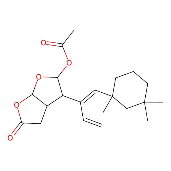2D Structure of [(2R,3R,3aR,6aR)-5-oxo-3-[(1E)-1-[(1S)-1,3,3-trimethylcyclohexyl]buta-1,3-dien-2-yl]-3,3a,4,6a-tetrahydro-2H-furo[2,3-b]furan-2-yl] acetate