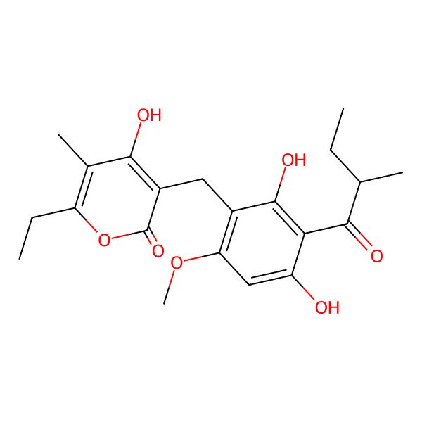 2D Structure of 3-[[2,4-dihydroxy-6-methoxy-3-[(2R)-2-methylbutanoyl]phenyl]methyl]-6-ethyl-4-hydroxy-5-methylpyran-2-one