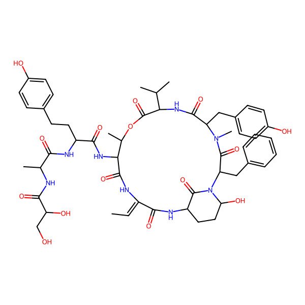 2D Structure of N-[2-benzyl-15-ethylidene-21-hydroxy-5-[(4-hydroxyphenyl)methyl]-4,11-dimethyl-3,6,9,13,16,22-hexaoxo-8-propan-2-yl-10-oxa-1,4,7,14,17-pentazabicyclo[16.3.1]docosan-12-yl]-2-[2-(2,3-dihydroxypropanoylamino)propanoylamino]-4-(4-hydroxyphenyl)butanamide