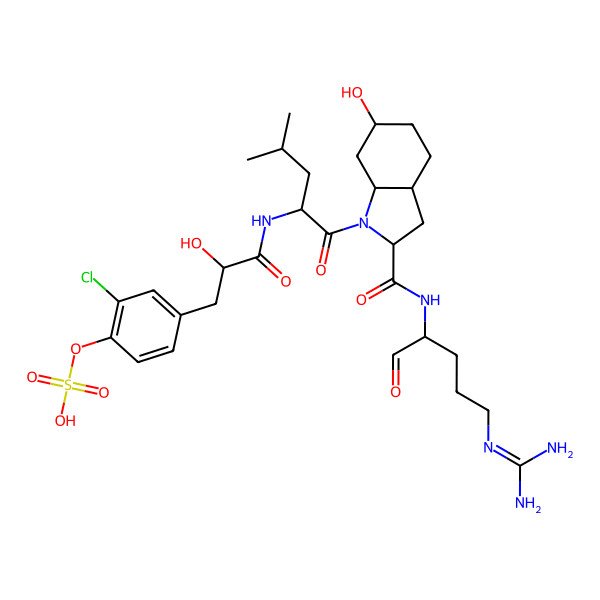 2D Structure of [2-Chloro-4-[3-[[1-[2-[[5-(diaminomethylideneamino)-1-oxopentan-2-yl]carbamoyl]-6-hydroxy-2,3,3a,4,5,6,7,7a-octahydroindol-1-yl]-4-methyl-1-oxopentan-2-yl]amino]-2-hydroxy-3-oxopropyl]phenyl] hydrogen sulfate