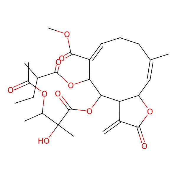 2D Structure of Methyl 4-(3-acetyloxy-2-hydroxy-2-methylbutanoyl)oxy-10-methyl-5-(2-methylbutanoyloxy)-3-methylidene-2-oxo-3a,4,5,8,9,11a-hexahydrocyclodeca[b]furan-6-carboxylate