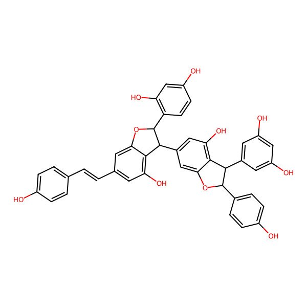 2D Structure of 4-[(2S,3S)-3-[(2S,3R)-3-(3,5-dihydroxyphenyl)-4-hydroxy-2-(4-hydroxyphenyl)-2,3-dihydro-1-benzofuran-6-yl]-4-hydroxy-6-[(E)-2-(4-hydroxyphenyl)ethenyl]-2,3-dihydro-1-benzofuran-2-yl]benzene-1,3-diol