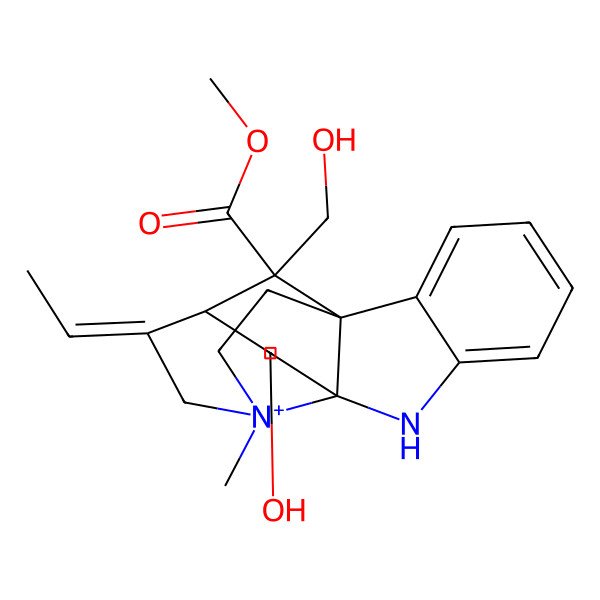 2D Structure of methyl (1S,9R,12R,18R)-13-ethylidene-10-hydroxy-18-(hydroxymethyl)-15-methyl-8-aza-15-azoniapentacyclo[10.5.1.01,9.02,7.09,15]octadeca-2,4,6-triene-18-carboxylate