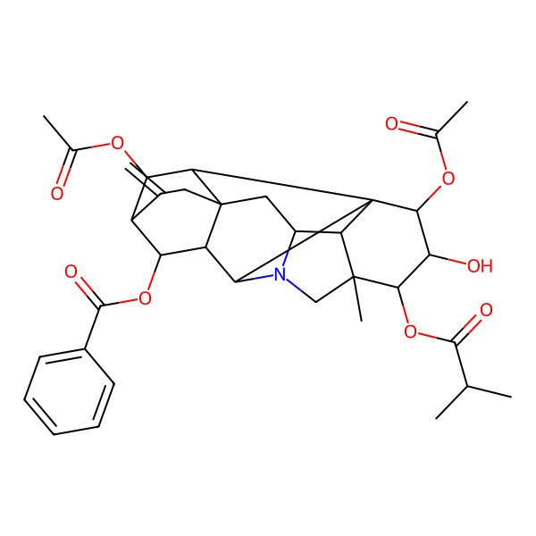 2D Structure of [(1R,2S,3S,4S,5S,8R,9S,10R,11R,14R,16S,17R,18R,19R)-2,19-diacetyloxy-3-hydroxy-5-methyl-12-methylidene-4-(2-methylpropanoyloxy)-7-azaheptacyclo[9.6.2.01,8.05,17.07,16.09,14.014,18]nonadecan-10-yl] benzoate