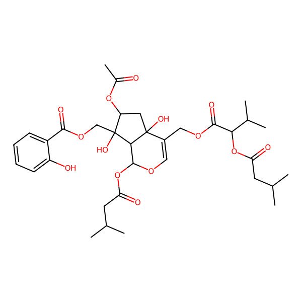 2D Structure of [6-Acetyloxy-4a,7-dihydroxy-1-(3-methylbutanoyloxy)-4-[[3-methyl-2-(3-methylbutanoyloxy)butanoyl]oxymethyl]-1,5,6,7a-tetrahydrocyclopenta[c]pyran-7-yl]methyl 2-hydroxybenzoate
