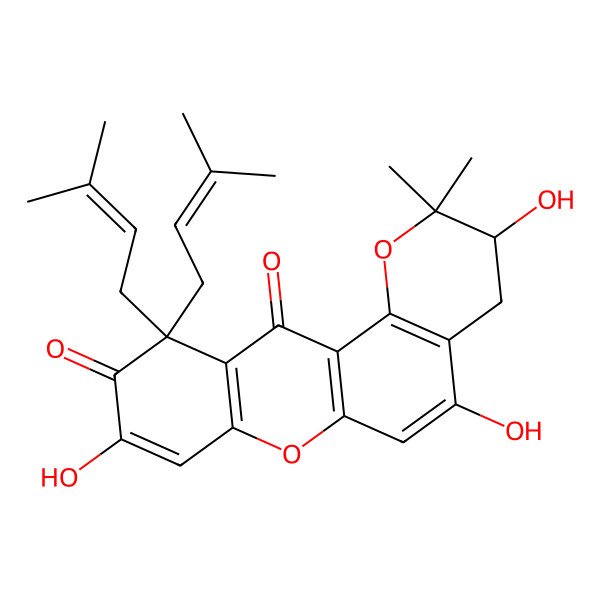 2D Structure of (3S)-3,5,9-trihydroxy-2,2-dimethyl-11,11-bis(3-methylbut-2-enyl)-3,4-dihydropyrano[2,3-a]xanthene-10,12-dione