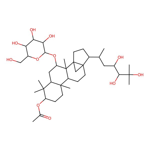 2D Structure of [(1S,2R,3R,5R,7R,10S,11R,14R,15S)-2,6,6,10-tetramethyl-3-[(2R,3R,4S,5S,6R)-3,4,5-trihydroxy-6-(hydroxymethyl)oxan-2-yl]oxy-15-[(2R,4S,5S)-4,5,6-trihydroxy-6-methylheptan-2-yl]-7-pentacyclo[12.3.1.01,14.02,11.05,10]octadecanyl] acetate