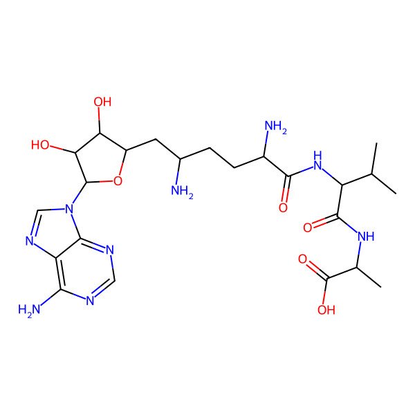 2D Structure of 2-[[2-[[2,5-Diamino-6-[5-(6-aminopurin-9-yl)-3,4-dihydroxyoxolan-2-yl]hexanoyl]amino]-3-methylbutanoyl]amino]propanoic acid