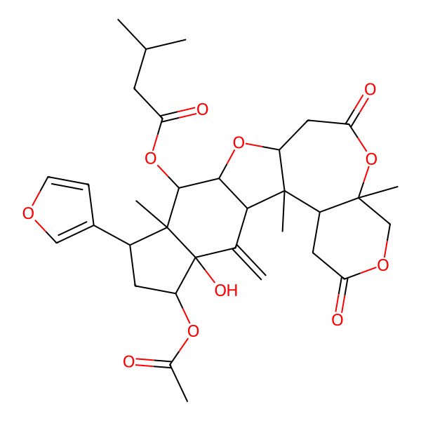 2D Structure of [(1R,2R,4S,5R,7S,8R,9R,10R,12S,16S,21R)-5-acetyloxy-7-(furan-3-yl)-4-hydroxy-1,8,16-trimethyl-3-methylidene-14,19-dioxo-11,15,18-trioxapentacyclo[10.9.0.02,10.04,8.016,21]henicosan-9-yl] 3-methylbutanoate